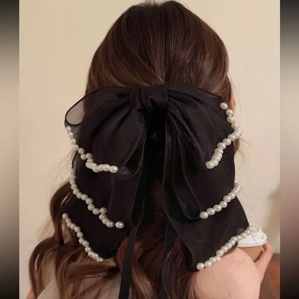 Elegant Black Hair Bow with Pearls K7
